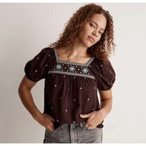 Madewell Embroidered Brown Crinkle Cotton Bubble-Sleeve Square Neck Top Small